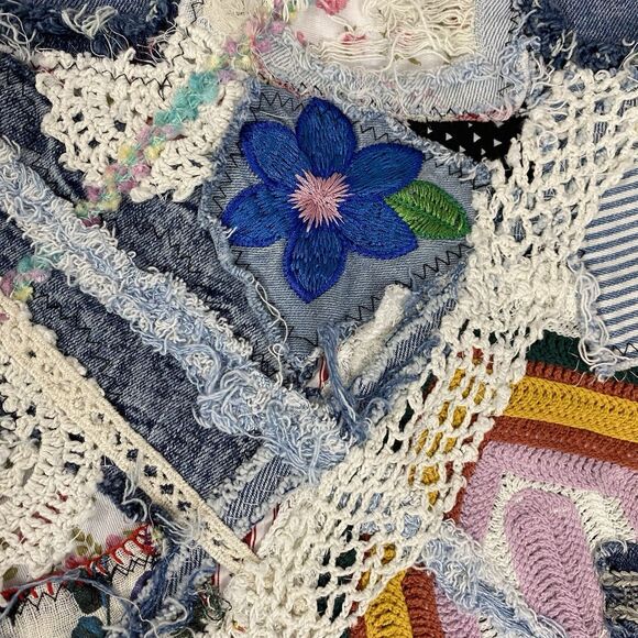 Upcycled Denim Jacket Womens Large Star Boho Grunge Patchwork Folk Art Coachella - Picture 12 of 14